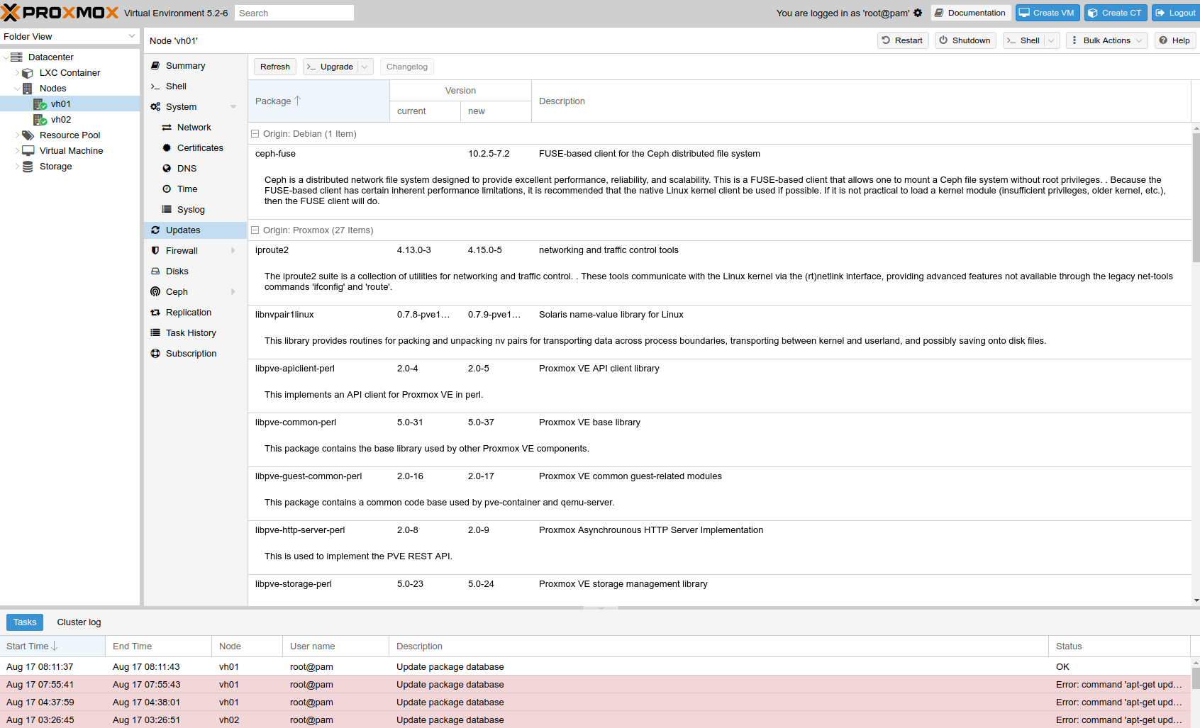 Fejl ved opdatering af Proxmox