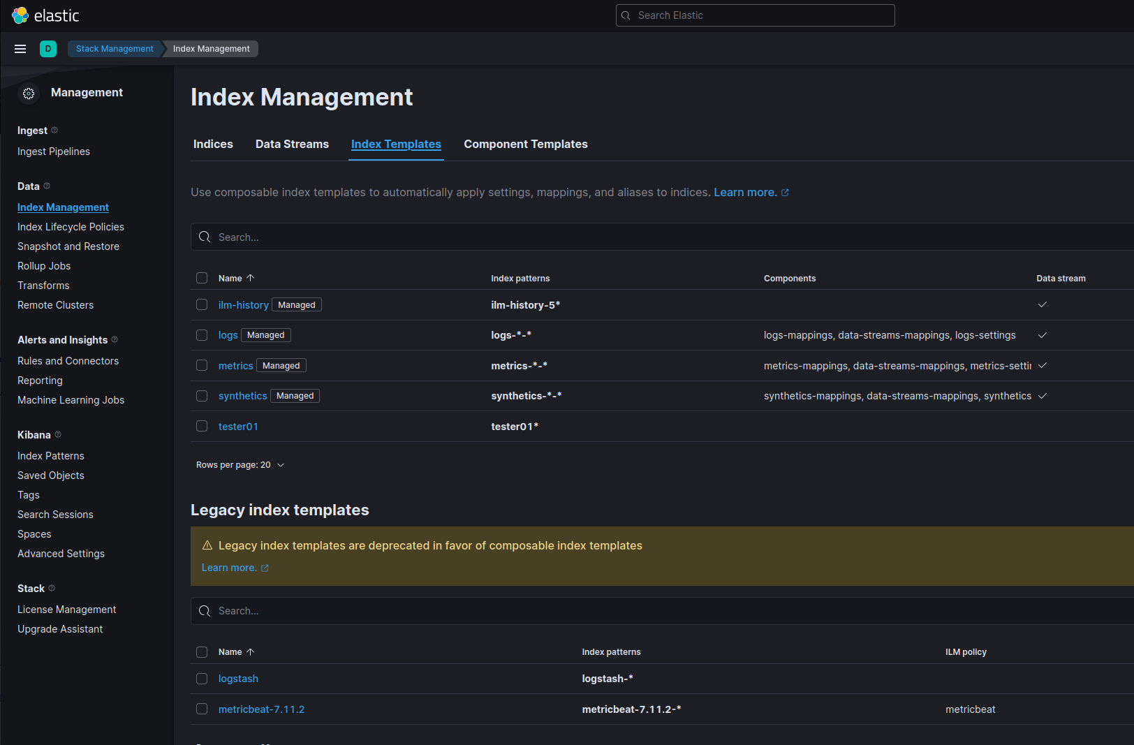 Elasticsearch Index Templates oversigt i Kibana